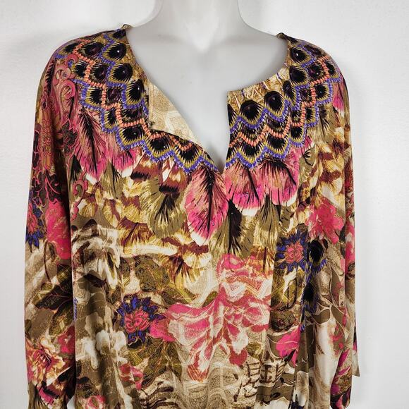 Chicos Peacock Floral Print Beaded Smocked Waist Blouse Size 3 US XL Artsy Boho - Picture 12 of 12